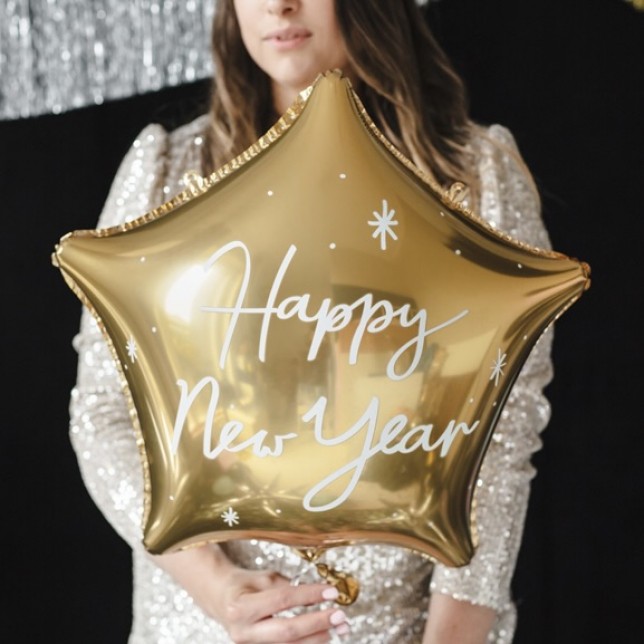 Guld Stjerne "Happy New Year" Folieballon 38x44 cm. 1 stk.
